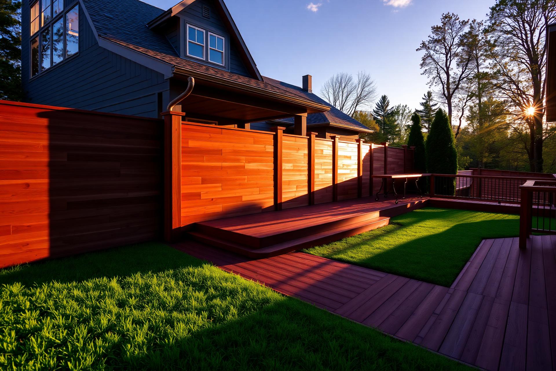 Custom cedar deck and privacy fence at golden hour
